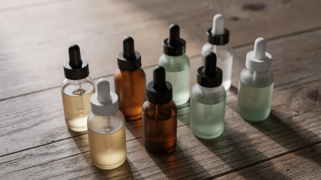 The image features an arrangement of various small glass bottles with dropper caps placed on a wooden surface, showcasing a variety of hemp-derived products that may include delta 8 and other cannabinoids. These bottles represent a segment of the legal cannabis industry, which is regulated under federal law and varies by state, including Virginia's approach to recreational use and medical marijuana.