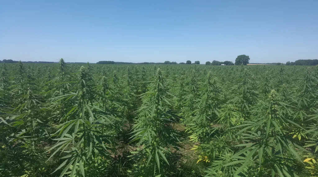 The image depicts a vast green hemp field stretching under a clear blue sky, showcasing healthy hemp plants that could be used for various hemp-derived products. This serene landscape highlights the legal status of hemp cultivation, which is compliant with current Minnesota law and federal regulations.