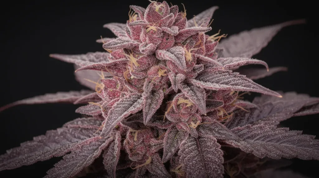 The image showcases dense purple and pink cannabis buds, adorned with frosty white crystal trichomes, set against a dark background. This striking visual represents the Conscious Genetics Frozen Rosé strain, known for its relaxing effects and sweet, fruity aroma.