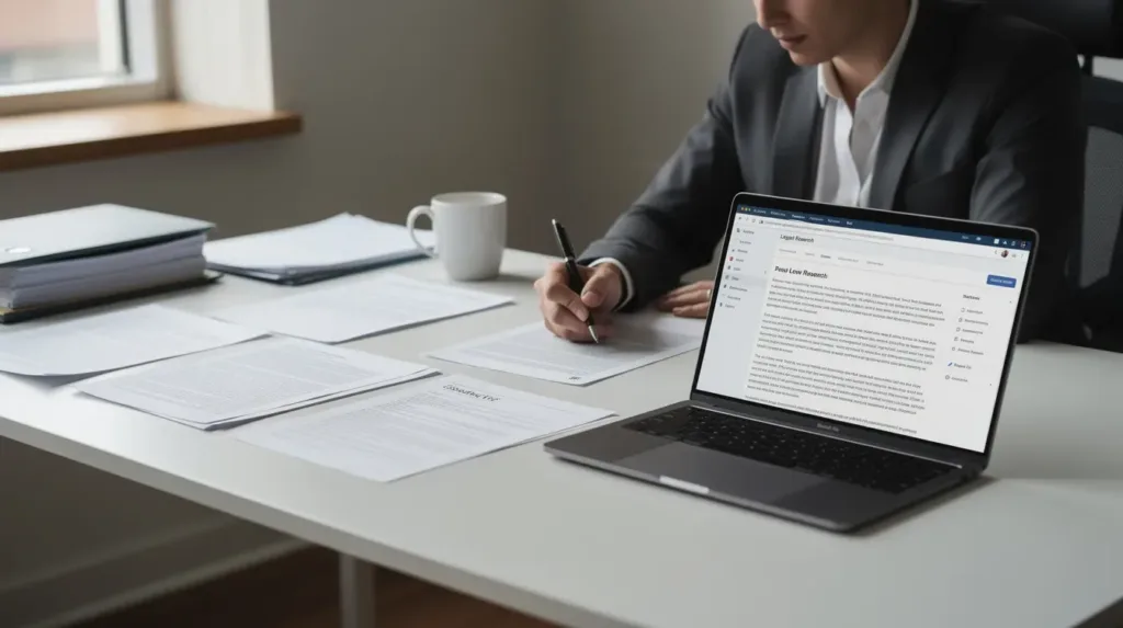 The image shows a person sitting at a desk, intently reviewing documents while a laptop displays a legal research page related to medical cannabis laws in West Virginia. The scene suggests a focus on understanding the state's medical cannabis program and regulations surrounding hemp-derived products.