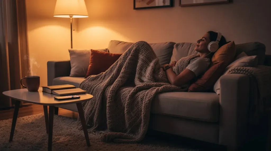 A person is comfortably relaxing on a couch, enveloped in a soft blanket, while enjoying the calming effect of music through headphones in the warm glow of evening lamplight. The scene evokes a sense of physical relaxation and tranquility, perfect for unwinding after a long day.