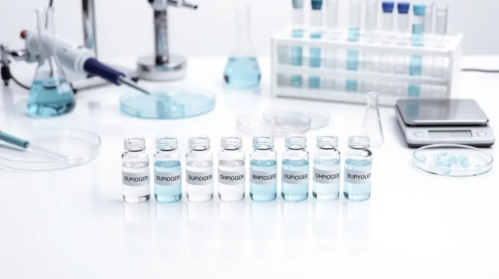 The image depicts a clean white laboratory surface filled with various scientific instruments and glass vials, commonly used for testing hemp-derived products, including delta 8 THC and other cannabinoids from the cannabis sativa plant. This setup highlights the meticulous nature of hemp cultivation and the analysis of hemp-derived compounds in a controlled environment.