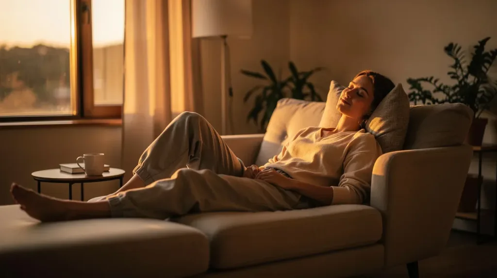 A person is relaxing on a comfortable couch bathed in warm golden evening light, exuding a calm expression that suggests they are enjoying the relaxing effects of an indica dominant hybrid strain like zkittlez. The serene atmosphere hints at a moment of tranquility, perfect for unwinding after a long day.