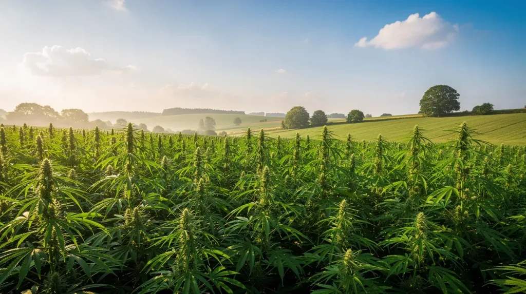 A vibrant green hemp field stretches under a clear blue summer sky, with gentle rolling hills in the distance, showcasing the beauty of industrial hemp cultivation in West Virginia. This scene highlights the state's growing acceptance of hemp and its derivatives, reflecting the ongoing changes in cannabis policy and the legal landscape surrounding medical cannabis and hemp-derived products.