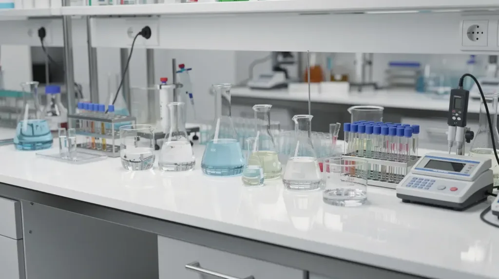 The image depicts a scientific laboratory featuring various glass beakers and testing instruments arranged neatly on a clean white counter, suggesting a focus on analyzing substances such as hemp derived products or cannabis compounds. This setup may be used for research related to the legal status of delta 8 THC and other cannabinoids under Washington state law.