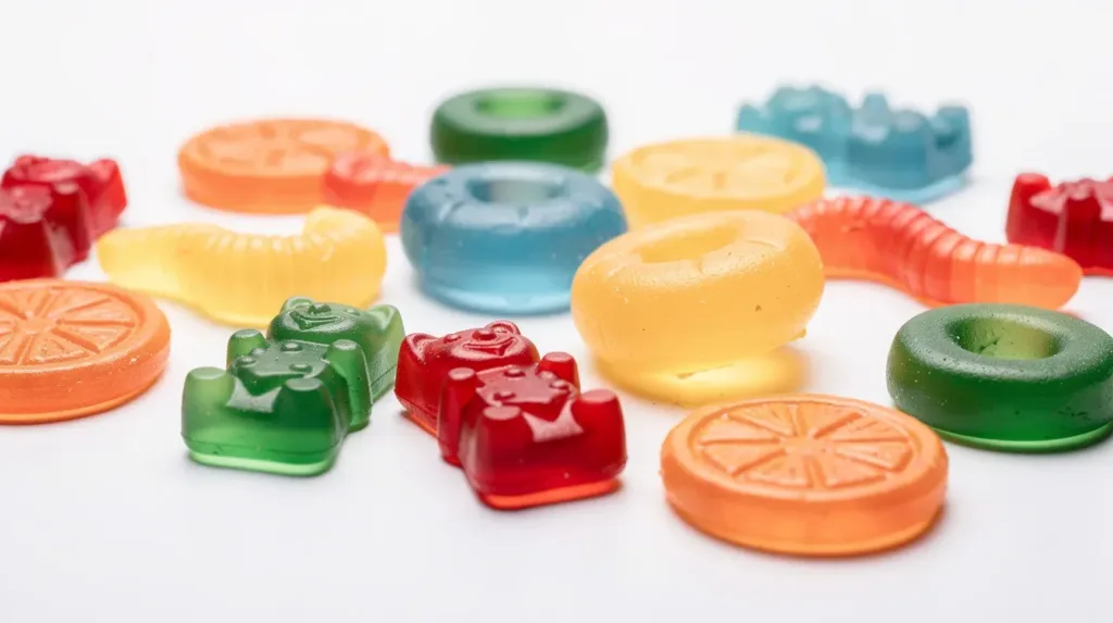 The image features an assortment of colorful gummy candies, beautifully arranged on a clean white surface, showcasing a variety of shapes and vibrant colors. These candies may appeal to those interested in hemp derived products or cannabis infused foods, reflecting the growing popularity of such treats in legal markets like Rhode Island.