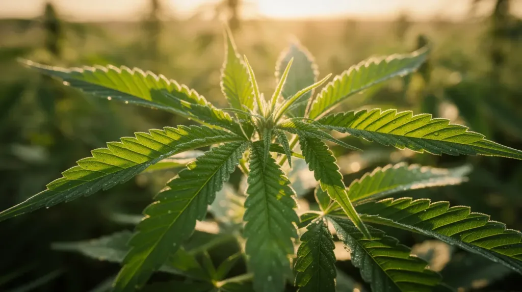 A close-up view of vibrant green hemp leaves growing in a sunlit field, showcasing the healthy foliage of the cannabis sativa plant. This image highlights the natural beauty of industrial hemp, which is increasingly recognized for its potential benefits and legal status in places like Rhode Island.