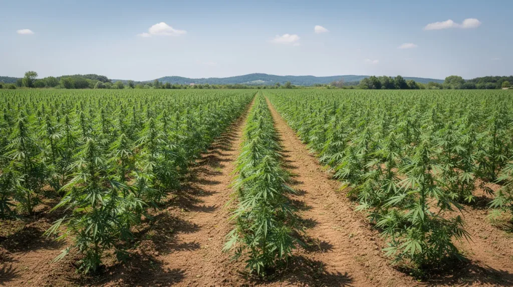The image depicts neatly arranged rows of vibrant green hemp plants thriving in a sunny agricultural field, highlighting the growing industry of hemp products in Tennessee. This setting reflects the state's compliance with hemp laws and the cultivation of hemp derived cannabinoid products that offer various health benefits.