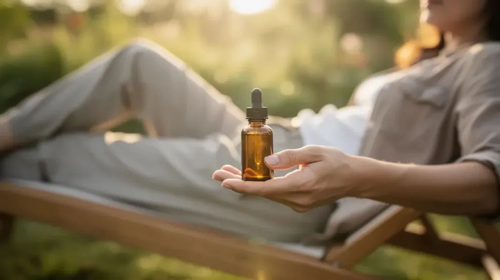 A person is relaxing outdoors while holding a small glass dropper bottle, possibly containing hemp-derived THCA products. This scene reflects the growing interest in legal cannabis and hemp products, particularly in states like Minnesota where THCA is legal.