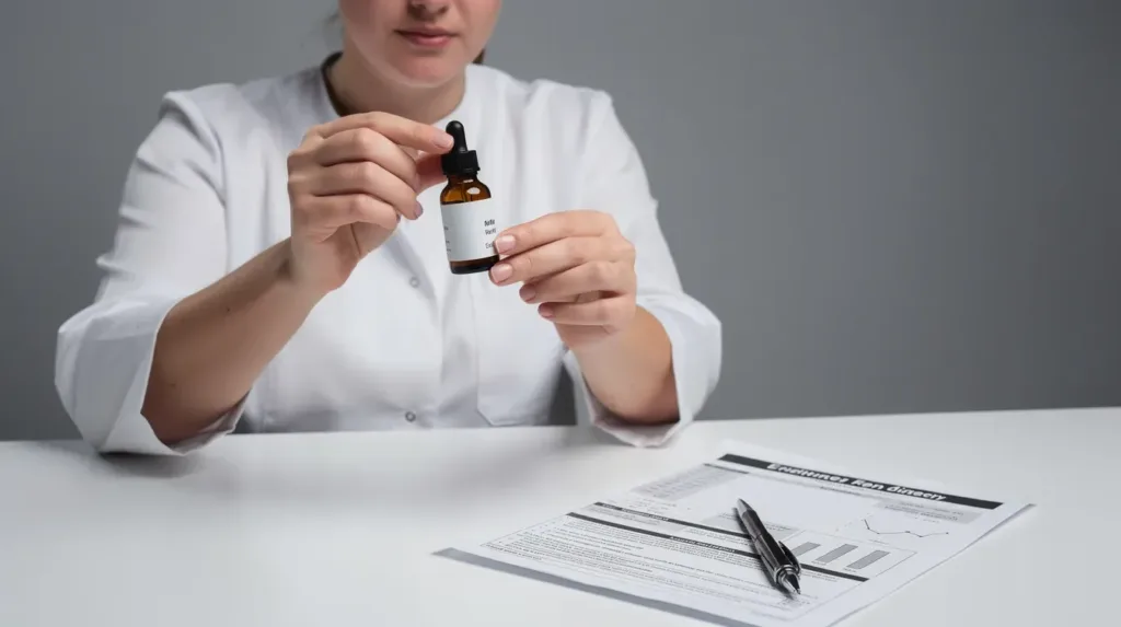 The image shows a person closely examining a dropper bottle of hemp-derived oil, with a lab report document detailing its THC content placed next to it on a table. This scene reflects the careful scrutiny involved in ensuring compliance with Connecticut's state law and the responsible regulation of cannabis products.