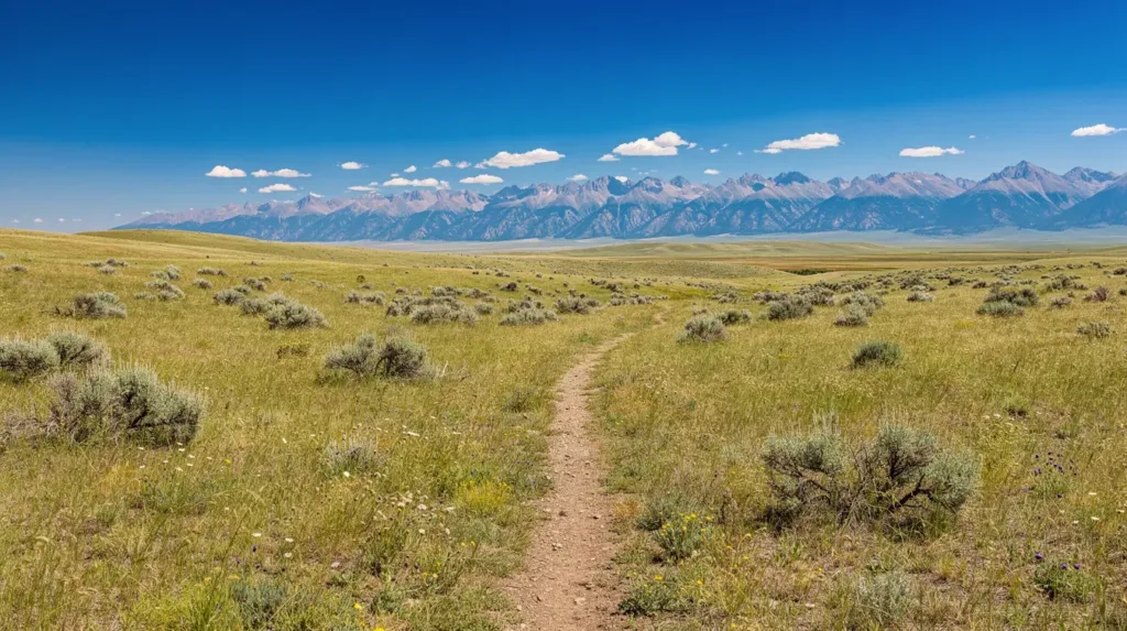 The image depicts a vast Wyoming prairie landscape, featuring rolling grasslands that stretch towards distant mountains under a clear blue sky. This serene scene captures the natural beauty of Wyoming, a state where discussions about hemp laws and the legality of substances like delta 8 are prevalent.