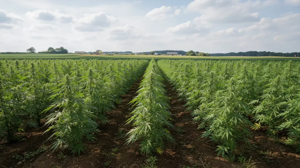 A wide agricultural field features rows of vibrant green hemp plants, stretching under a partly cloudy sky in a serene rural setting. This scene highlights the thriving hemp industry, which is legal in North Carolina under federal law, emphasizing the growth of hemp-derived products in compliance with state and federal regulations.