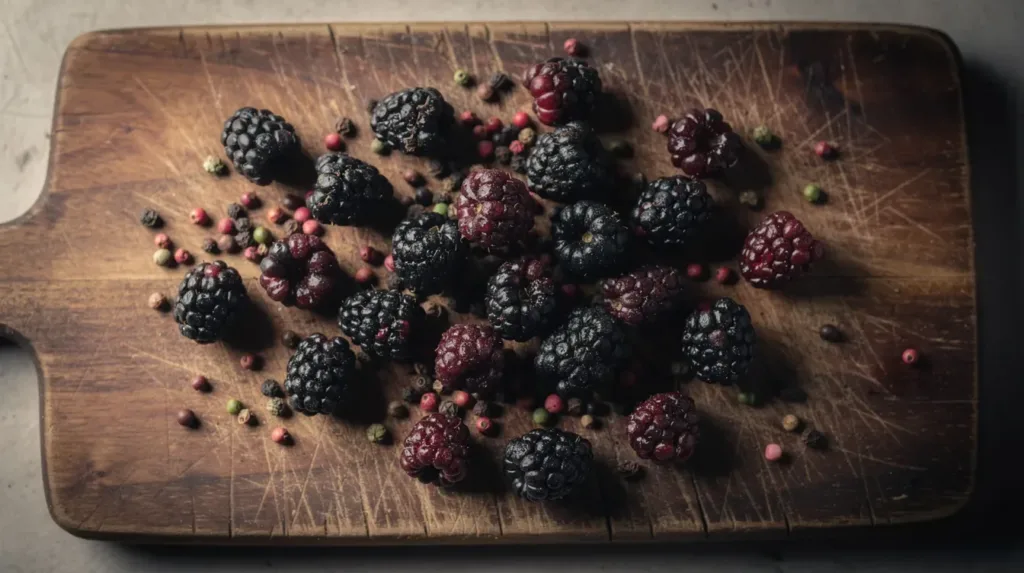 The image shows a rustic wooden cutting board scattered with dark, ripe blackberries and whole peppercorns, creating a visually rich and textured composition. The deep purple of the blackberries contrasts beautifully with the dark peppercorns, evoking a sensory experience reminiscent of the sweet berry aroma found in the blackberry kush strain.