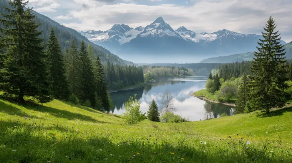 The image depicts a vibrant landscape of Washington state, featuring lush green hills, towering evergreen trees, and majestic mountains in the background. This serene natural setting reflects the beauty of the region, where discussions about cannabis law, including the legality of delta 8 THC and other hemp-derived products, are prevalent among local communities.