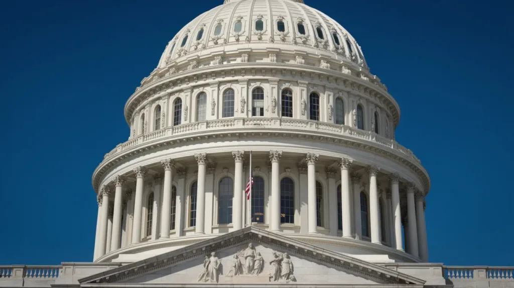 The image features a majestic government building with a prominent dome, set against a vibrant blue sky, symbolizing the regulatory framework surrounding cannabis products and laws in Connecticut, including delta 8 THC and hemp-derived products. The clear sky enhances the grandeur of the architecture, reflecting the state's commitment to responsible and equitable regulation in the cannabis industry.