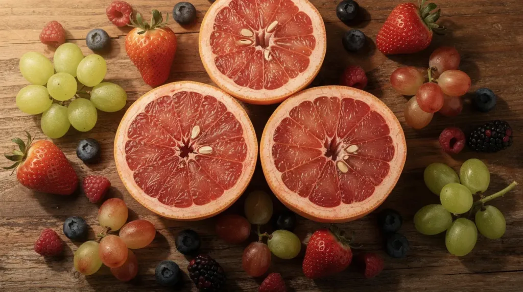 The image features a vibrant arrangement of fresh tropical fruits, including juicy grapes, bright grapefruit halves, and a mix of colorful berries, all displayed on a rustic wooden surface. This visually appealing composition highlights the sweet and fruity flavors reminiscent of the zkittlez strain, known for its relaxing effects and unique taste.