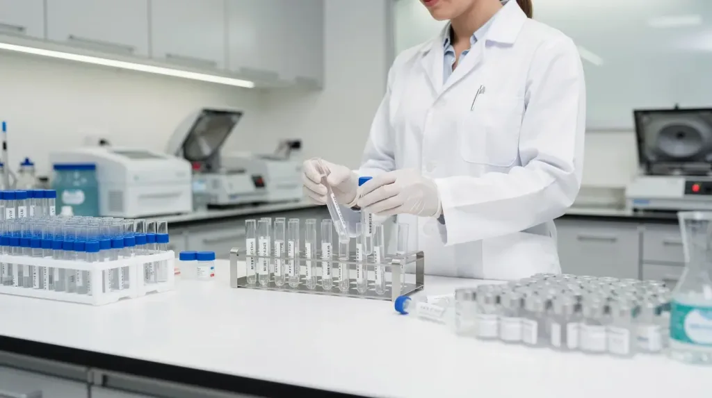 A person in a lab coat is carefully handling test tubes and sample containers in a clinical setting, likely conducting research on hemp-derived cannabinoids such as delta 8 THC and other cannabis products. The environment suggests a focus on lab testing and regulatory concerns related to hemp and CBD products.