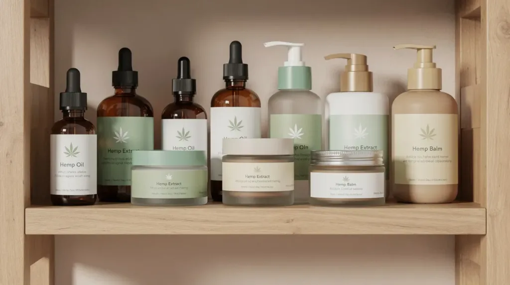 The image features a neatly arranged display of various hemp product bottles and jars on a wooden shelf, showcasing hemp derived THCA products. This presentation highlights the legal status of hemp and cannabis laws, particularly in relation to THCA legal in Minnesota.