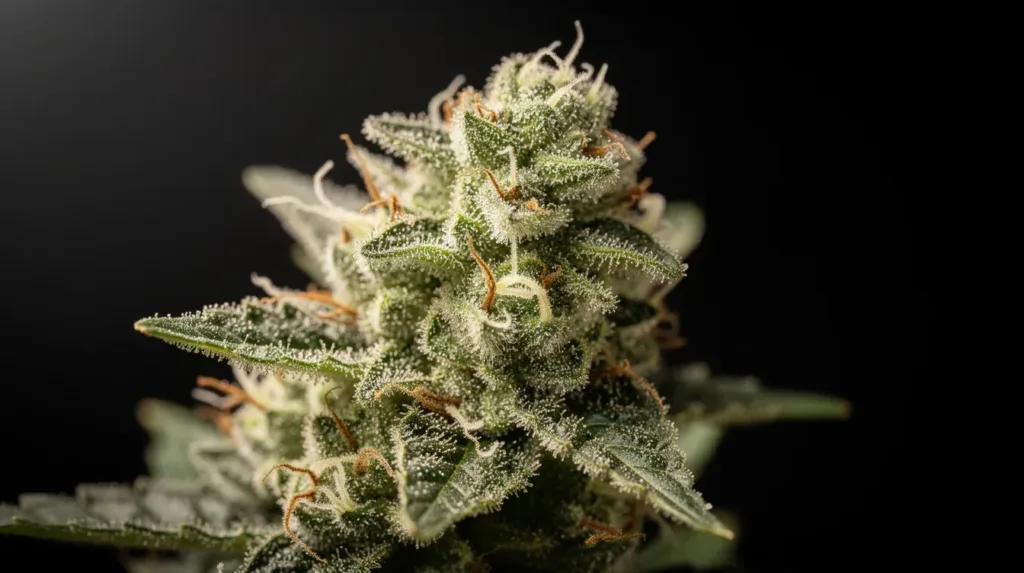 A close-up photograph showcases a vibrant green cannabis flower, richly covered in frosty white trichomes, set against a dark background. The intricate details highlight the plant's natural beauty and potency, emphasizing its potential as a key ingredient in live rosin edibles and other cannabis products.