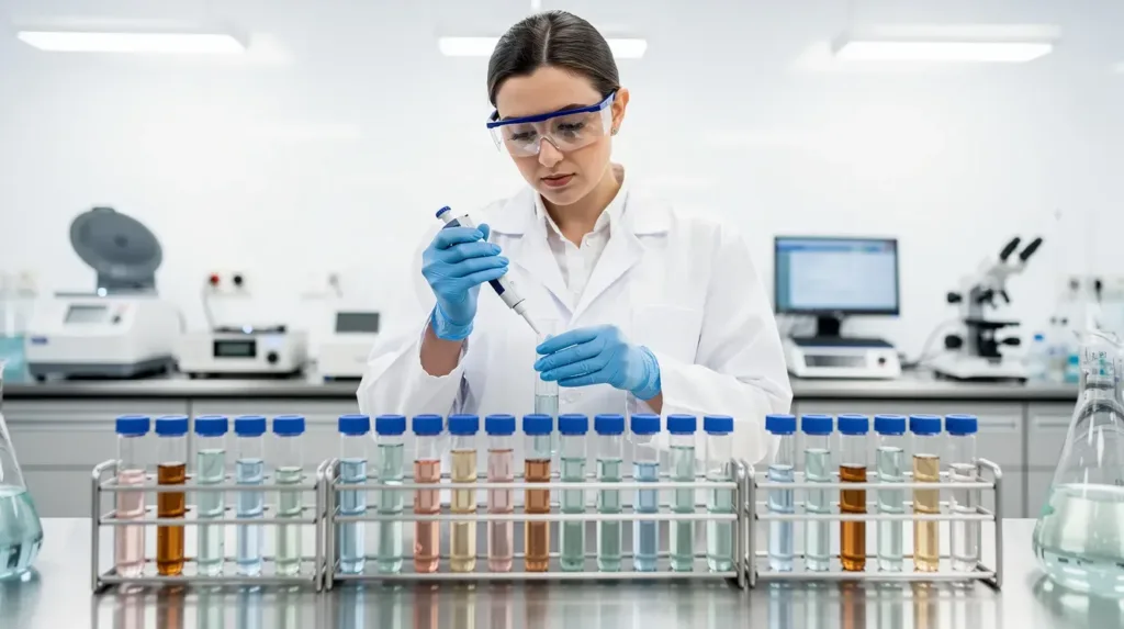 A laboratory scientist is focused on testing various liquid samples in small glass vials, illuminated by bright lighting, showcasing the meticulous work involved in analyzing hemp derived cannabinoid products. This scene highlights the importance of adhering to state law and regulations surrounding hemp products in Tennessee.