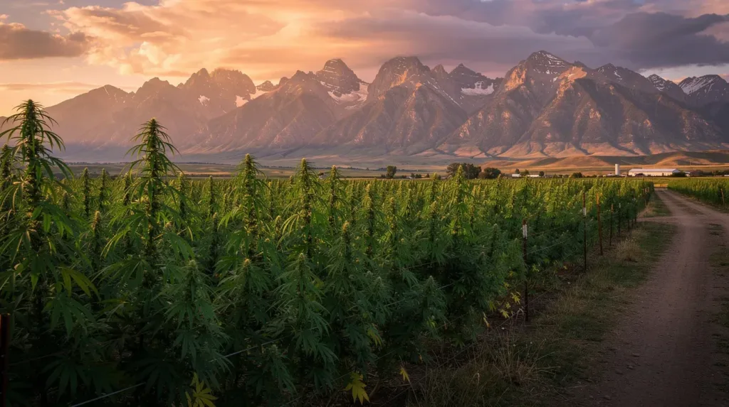 The image depicts a serene hemp field set against the backdrop of majestic mountains in Colorado during sunset, with warm hues illuminating the industrial hemp plants. This picturesque landscape symbolizes the state's progressive stance on hemp derived products and recreational marijuana, reflecting the legal framework established by Colorado state law.