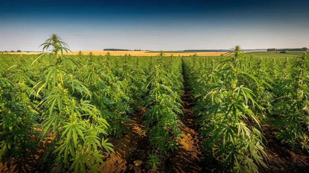 The image shows a vibrant field of green hemp plants, classified under the cannabis genus, thriving under a clear blue sky. These mature stalks represent the cultivation of hemp, which is often associated with hemp derived products and various cannabinoids, including hemp derived delta and hemp derived CBD.