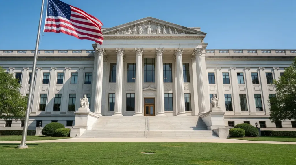 The image depicts a grand government building featuring tall columns, with an American flag waving in front. This setting symbolizes the authority and regulation surrounding federal law, including legislation related to hemp and marijuana plants.