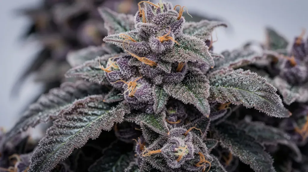A close-up view of dense, frosty cannabis buds showcases vibrant shades of purple and green, adorned with sparkling trichomes and bright orange hairs. This image highlights the zkittlez strain's unique fruity flavor profile, reminiscent of tropical fruit and candy, making it a popular choice for those seeking relaxation and mood elevation.