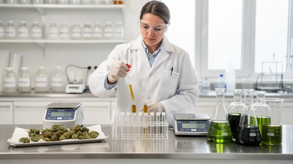 The image depicts a science lab where researchers are carefully measuring and dosing THC and hemp products, highlighting various dosage charts and guidelines. The setup suggests a focus on understanding how different doses, such as delta 8 and THC, can affect individuals based on factors like body weight and tolerance levels.