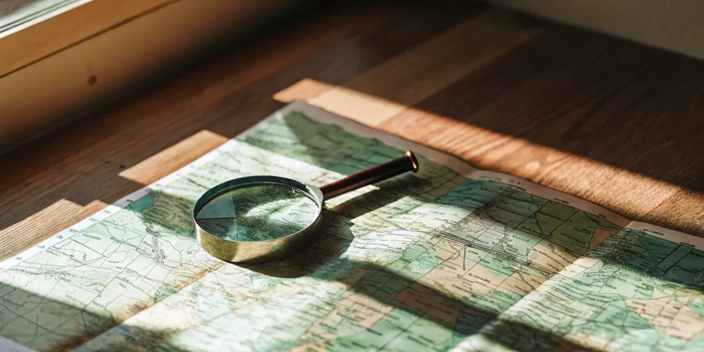 Magnifying glass over a map showing where delta 8 gummies are legal.