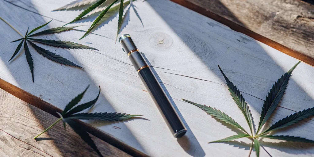 A modern delta 8 pen resting on a wooden table next to hemp leaves.