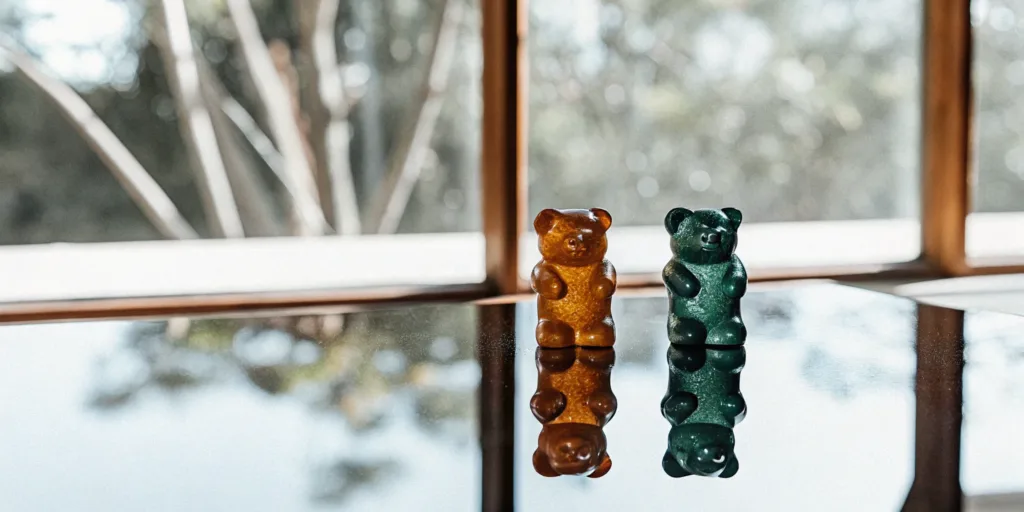 Amber and green delta 8 and delta 9 gummies.