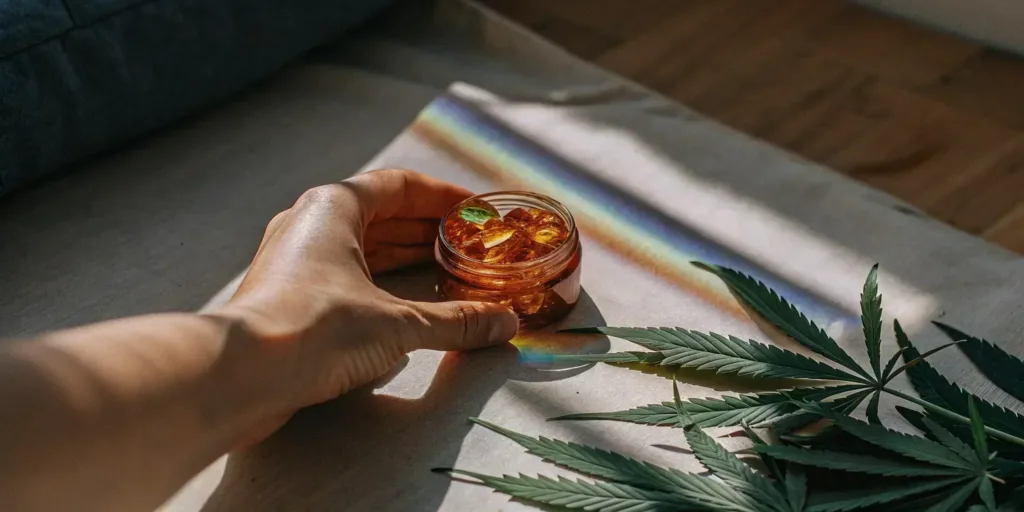 HHC gummies in hand beside cannabis leaves.