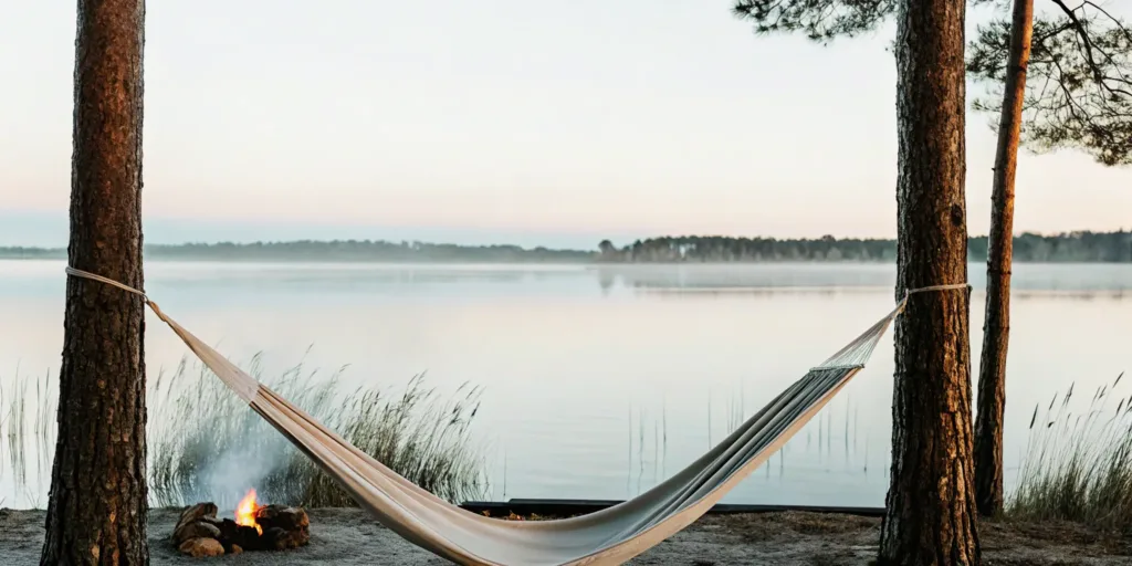Calm lakeside hammock retreat for cannabis recovery.