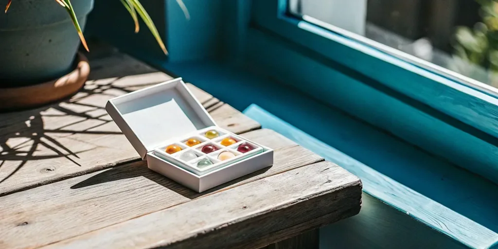 Mushroom gummies on a wooden table.