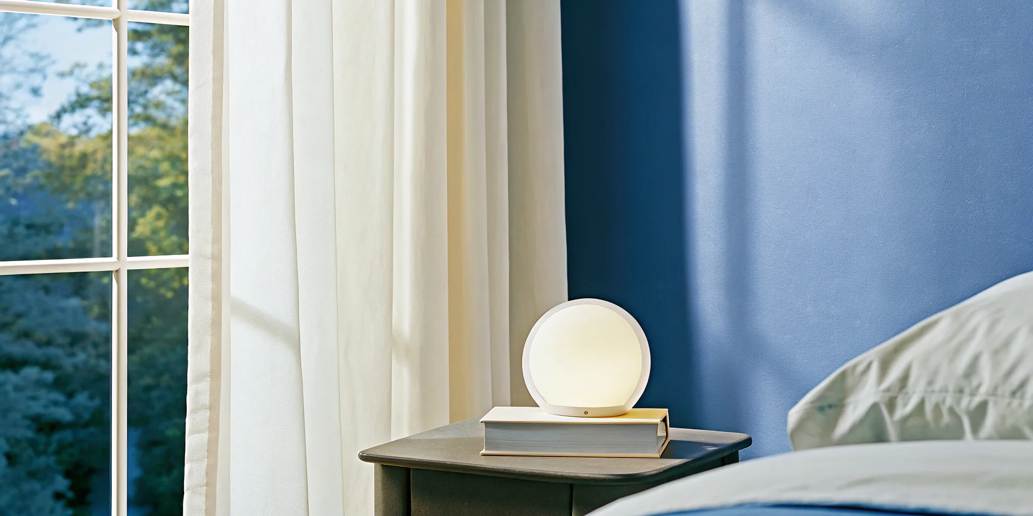 A bottle of CBD melatonin gummies for sleep on a nightstand beside a bed.