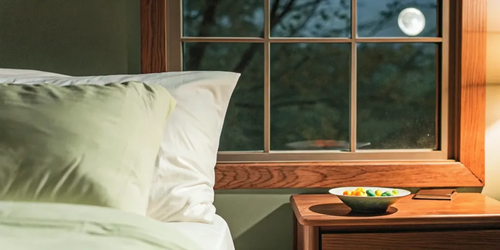 A bowl of the best CBD gummies for sleep on a bedside table.