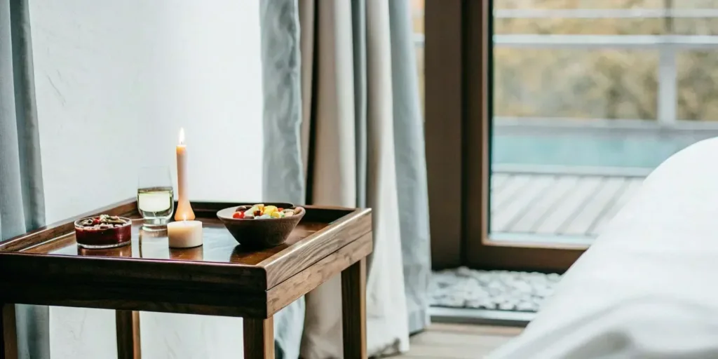 Best gummies for male arousal and erectile support on nightstand with candle and drink.