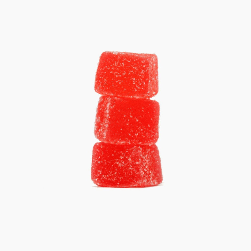 Stack of red gummy candies on a white background