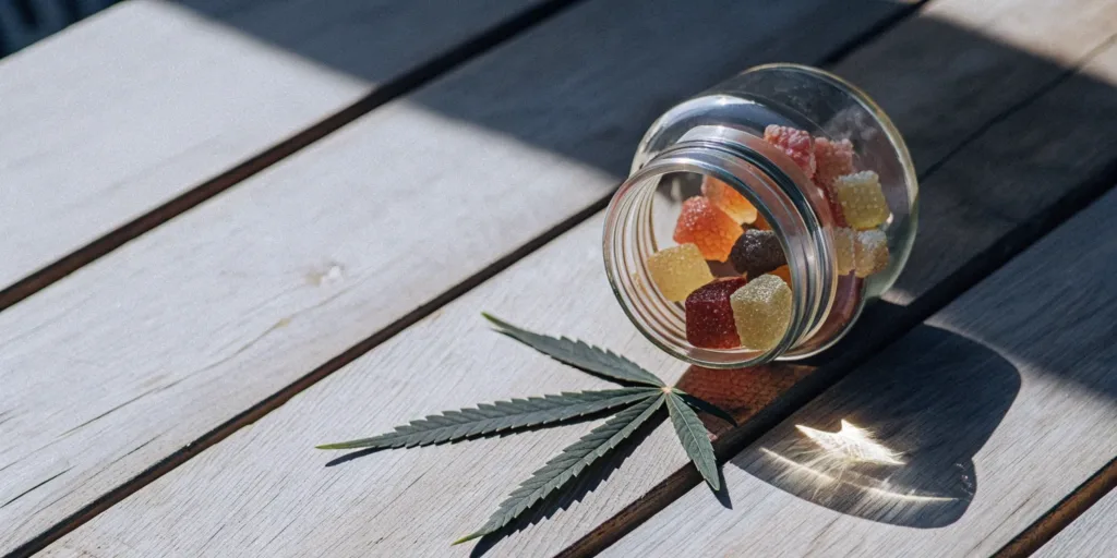 Colorful hemp-derived THC gummies in a jar next to a hemp leaf.