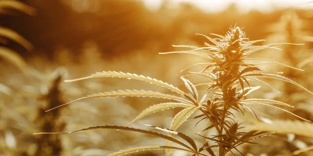 A close-up of a THCA hemp flower showing its dense, crystal-coated buds.