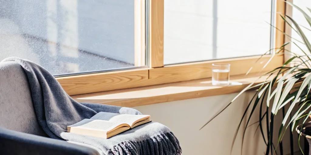 A cozy, sunlit reading nook with a book used to research the best delta 8 softgels for sale.